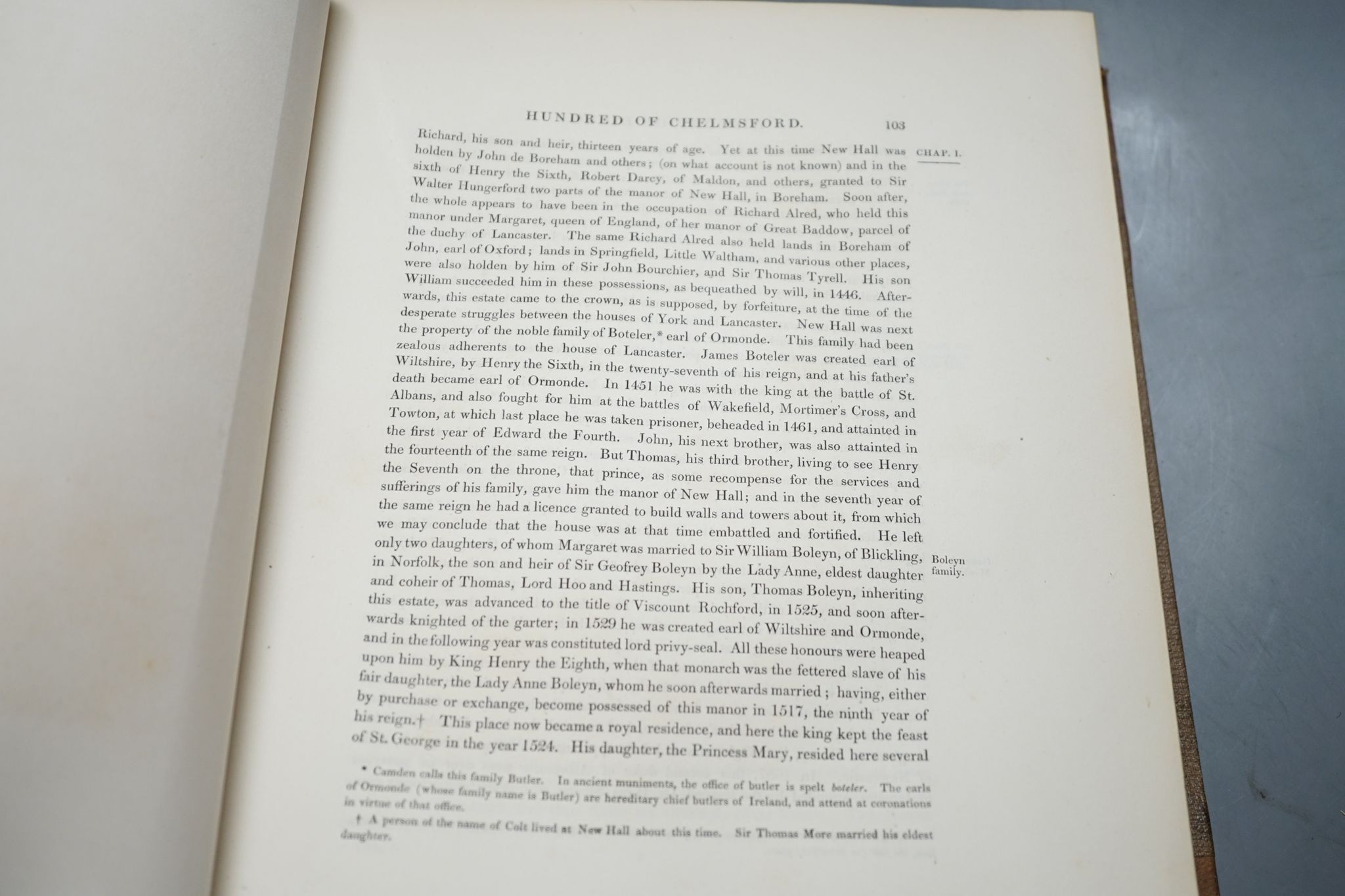 Wright, Thomas - The History and Topography of the County of Essex... 2 vols, pictorial engraved titles, a map and 98 steel-engraved plates; later 19th century gilt-ruled half